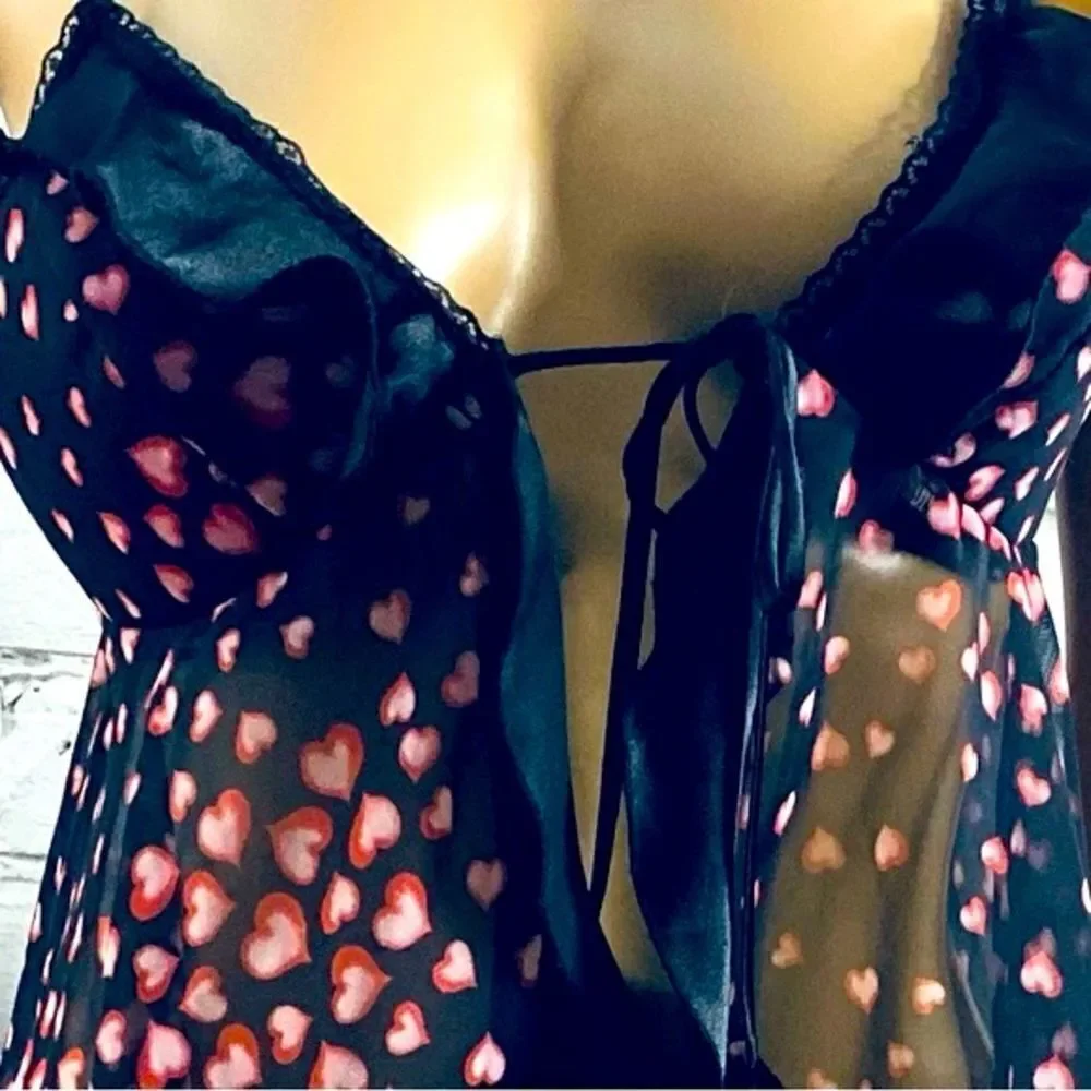 Black Lingerie W Pink Hearts OS Silky Sash Tie Ruffles Open Front Coquette